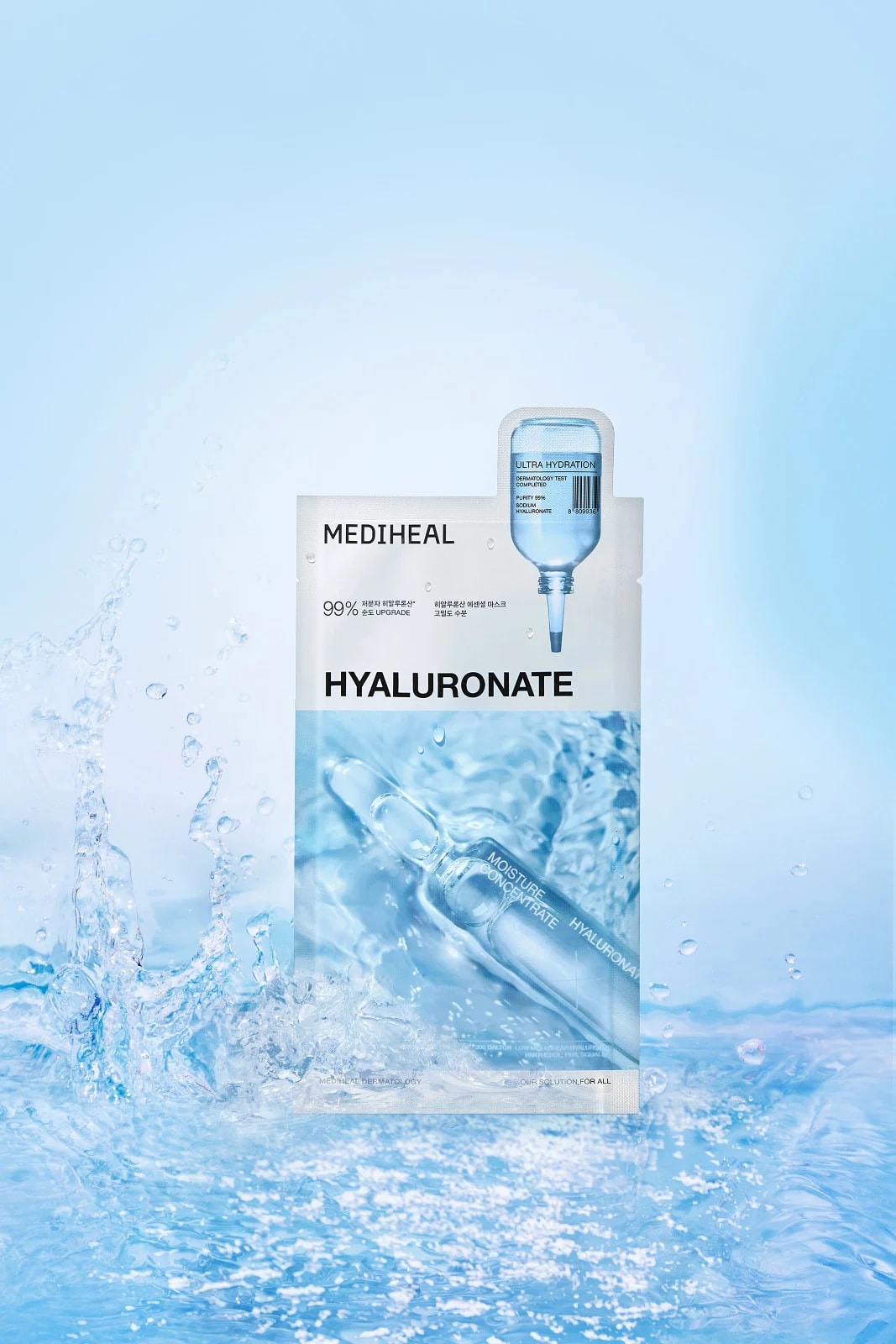Mascarilla Mediheal Hyaluronate con salpicaduras de agua