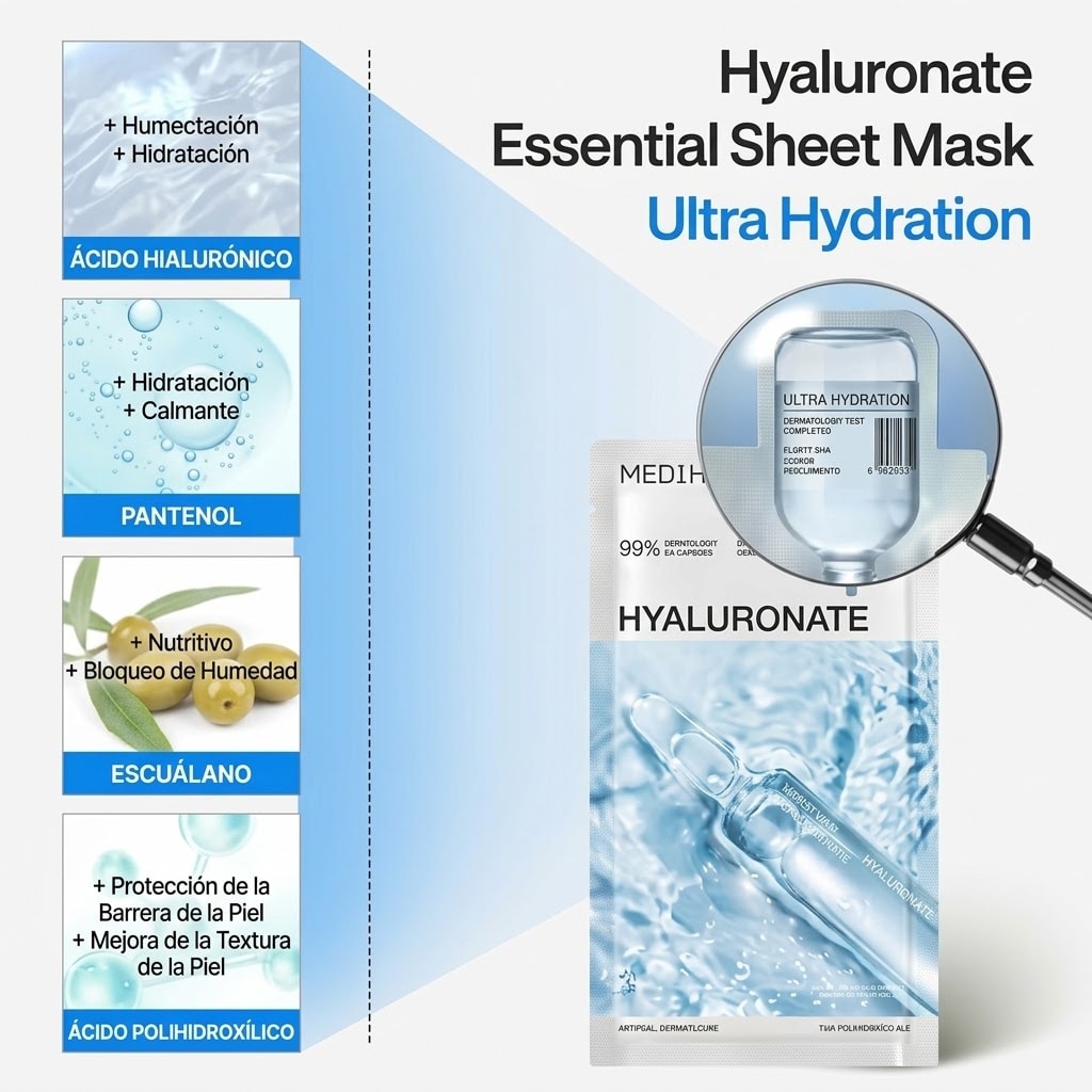 Ingredientes de la mascarilla Mediheal Hyaluronate: ácido hialurónico, pantenol, escualano y PHA