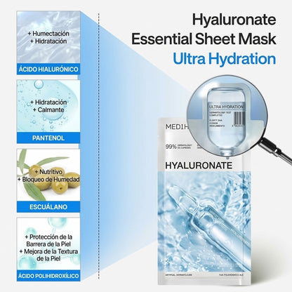 Ingredientes de la mascarilla Mediheal Hyaluronate: ácido hialurónico, pantenol, escualano y PHA