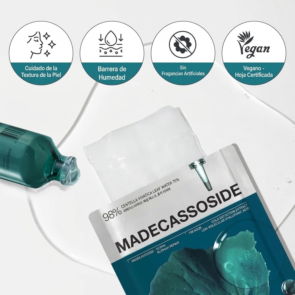 Mascarilla Mediheal Madecassoside: barrera de humedad, sin fragancias artificiales y hoja vegana