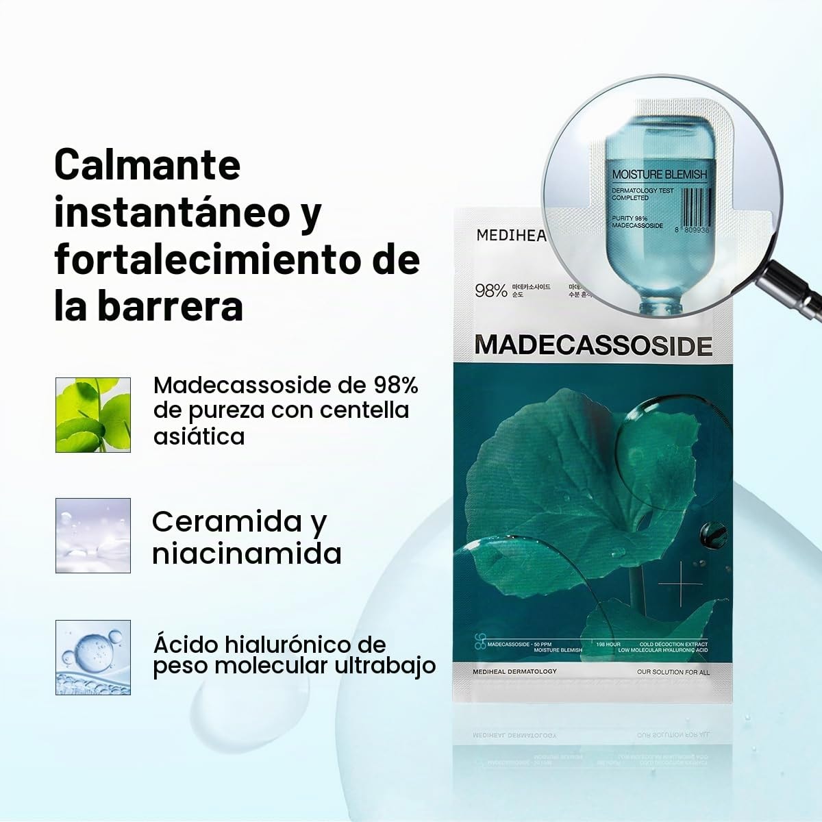 Calmante instantáneo: madecassoside de 98 % de pureza, ceramida, niacinamida y ácido hialurónico