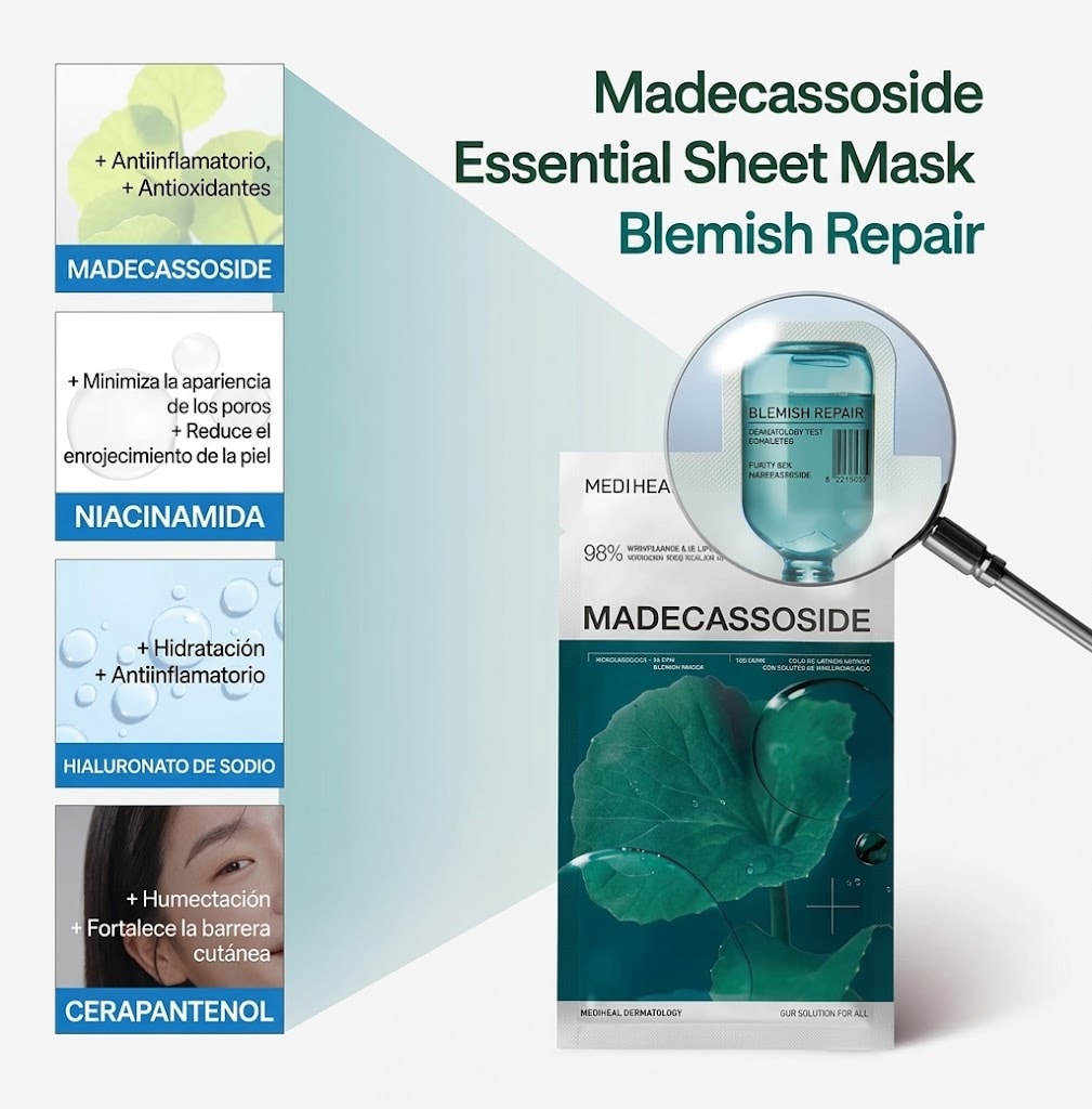 Ingredientes de la mascarilla Mediheal Madecassoside: madecassoside, niacinamida, hialuronato de sodio y cerapantenol